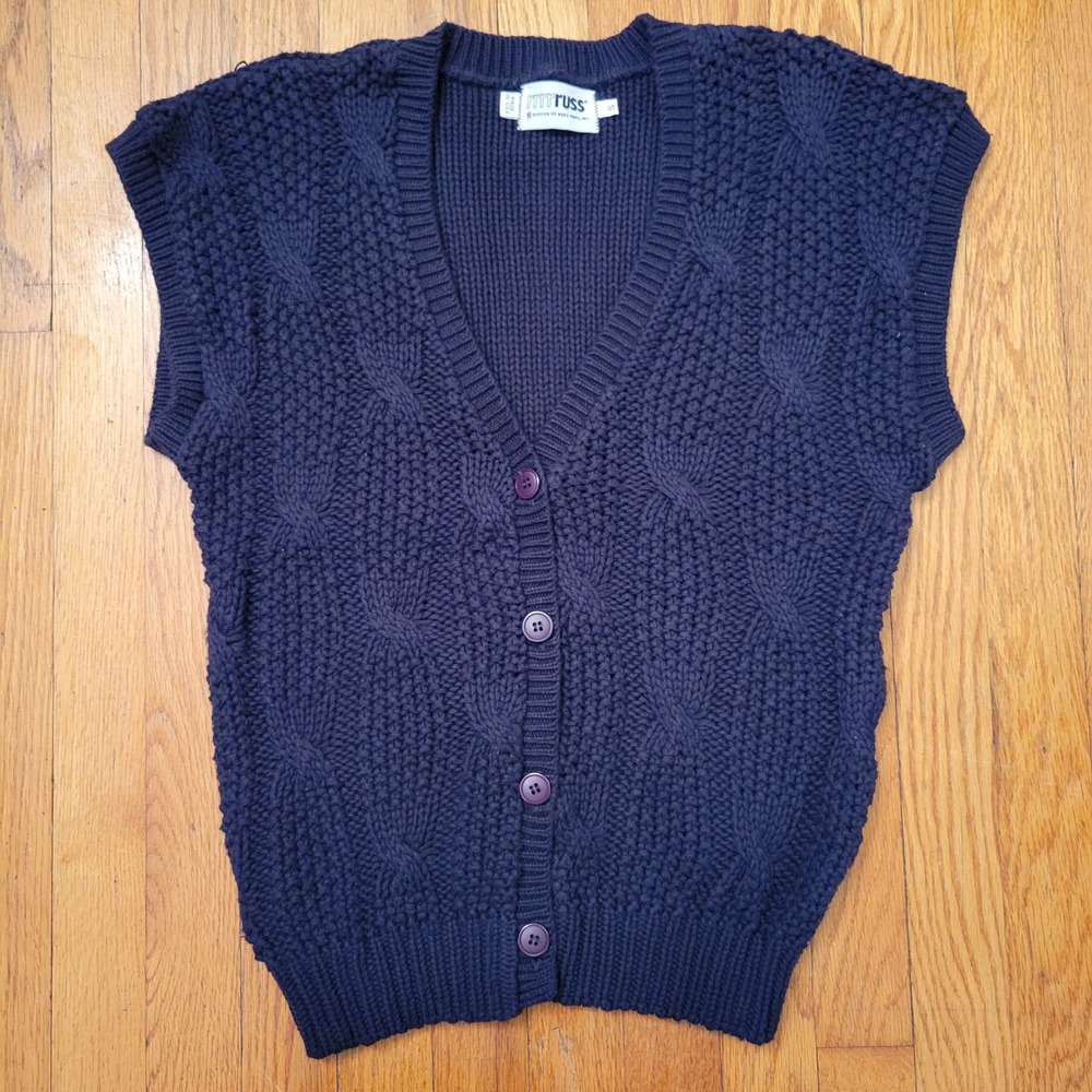 Vintage Russ Cable Knit Cardigan Vest S Sleeveless Cotton 80s Layering Neutral